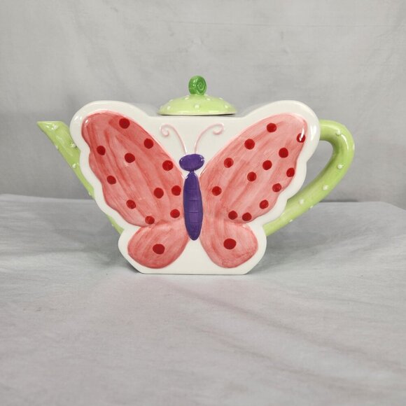 Ellen Krans Butterfly Teapot Coynes & Co 2003 Pink Purple Green Collectable - Picture 3 of 12